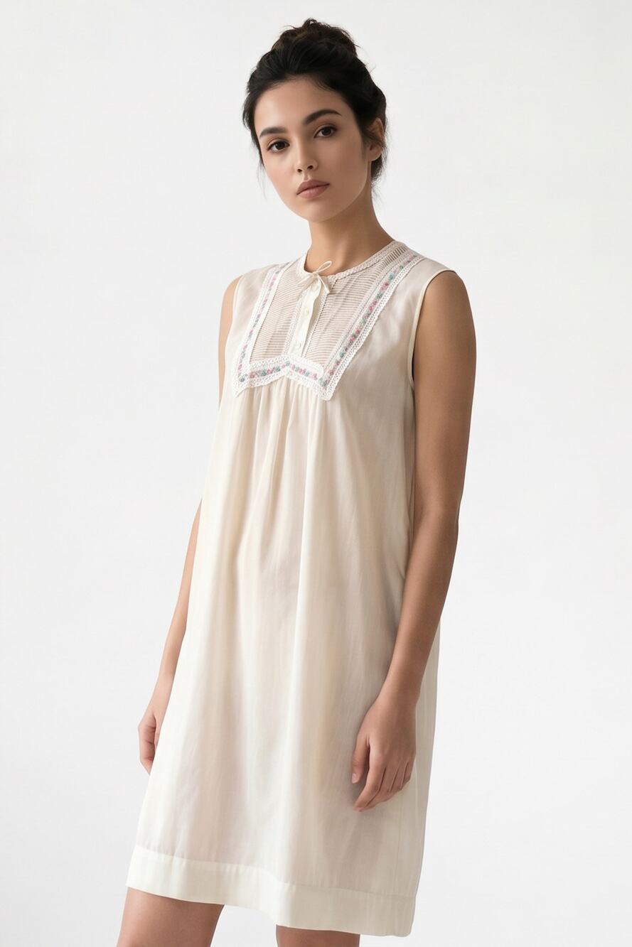 60s White Nightgown | Lace & Embroidery Bib | Semi Sheer | Barbizon "June" | S